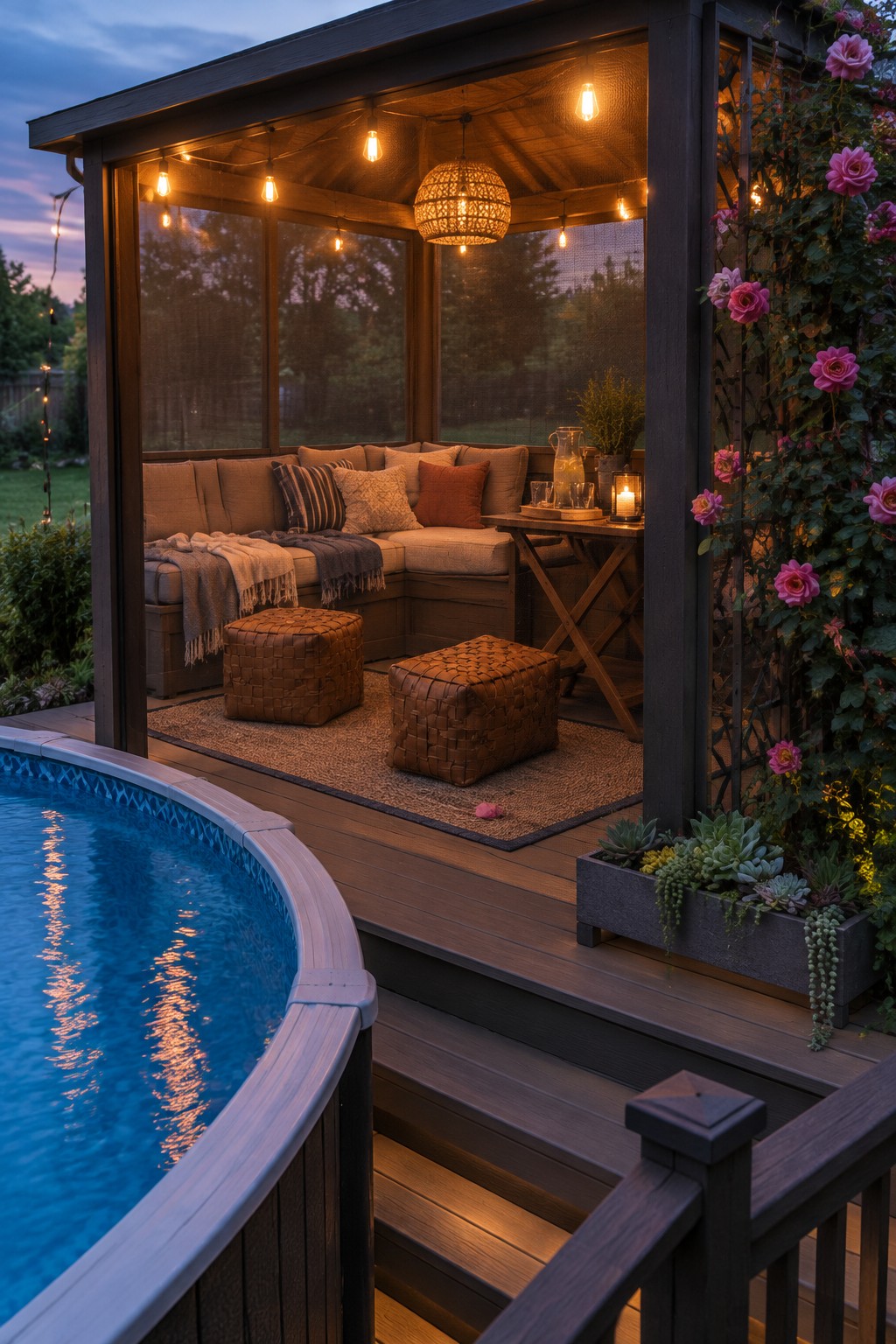 14 Functional Above Ground Pool Cabana Ideas for Shaded Lounging A dark wooden screened cabana with cushioned corner seating, string lights, and a woven pendant sits on a deck beside an above-ground pool with a planter box and climbing roses nearby.