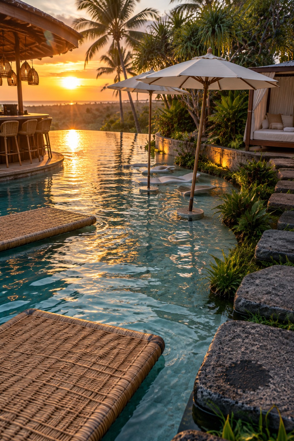 12 Luxury Infinity Pool Designs Built Around Resort-Style Outdoor Spaces Infinity pool at sunset with umbrellas, floating lounges, palms, and stone path