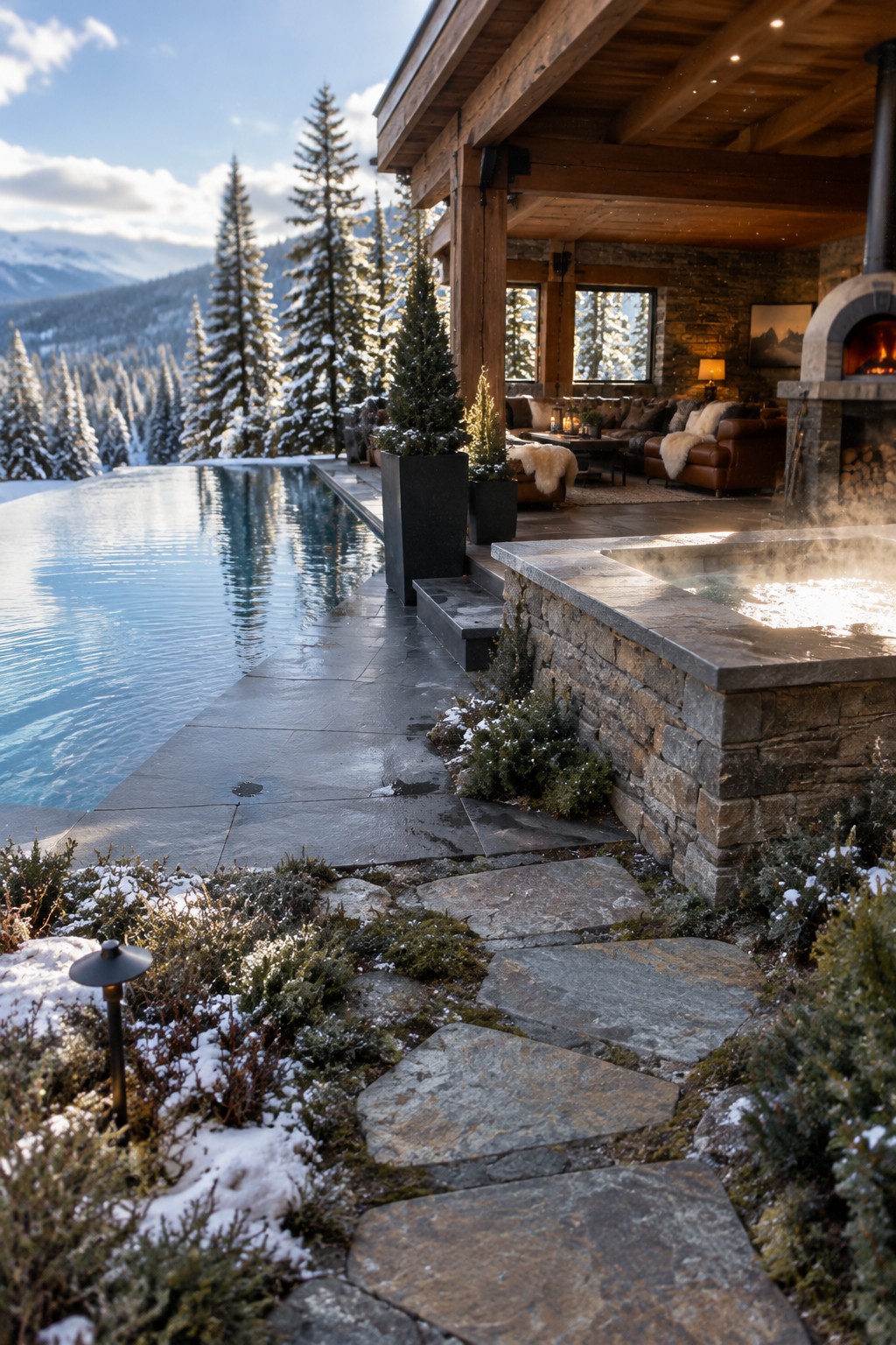 12 Luxury Infinity Pool Designs Built Around Resort-Style Outdoor Spaces Rustic wooden lodge with infinity pool, steaming hot tub, and snowy mountain views