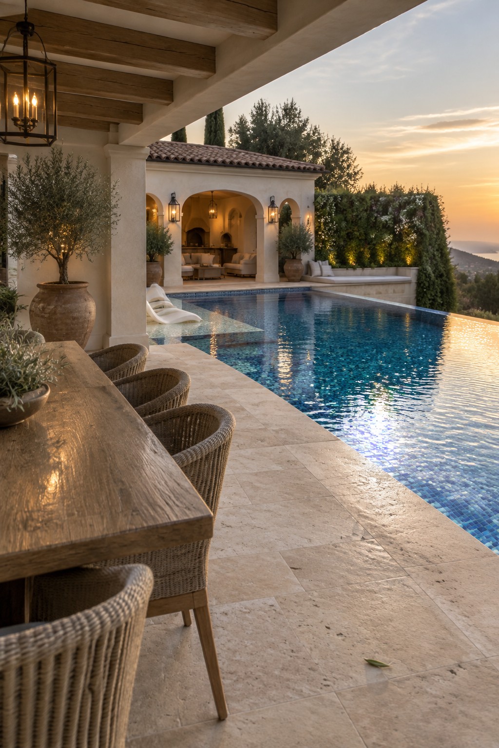 12 Luxury Infinity Pool Designs Built Around Resort-Style Outdoor Spaces Luxurious patio with wooden table, wicker chairs, and infinity pool at sunset