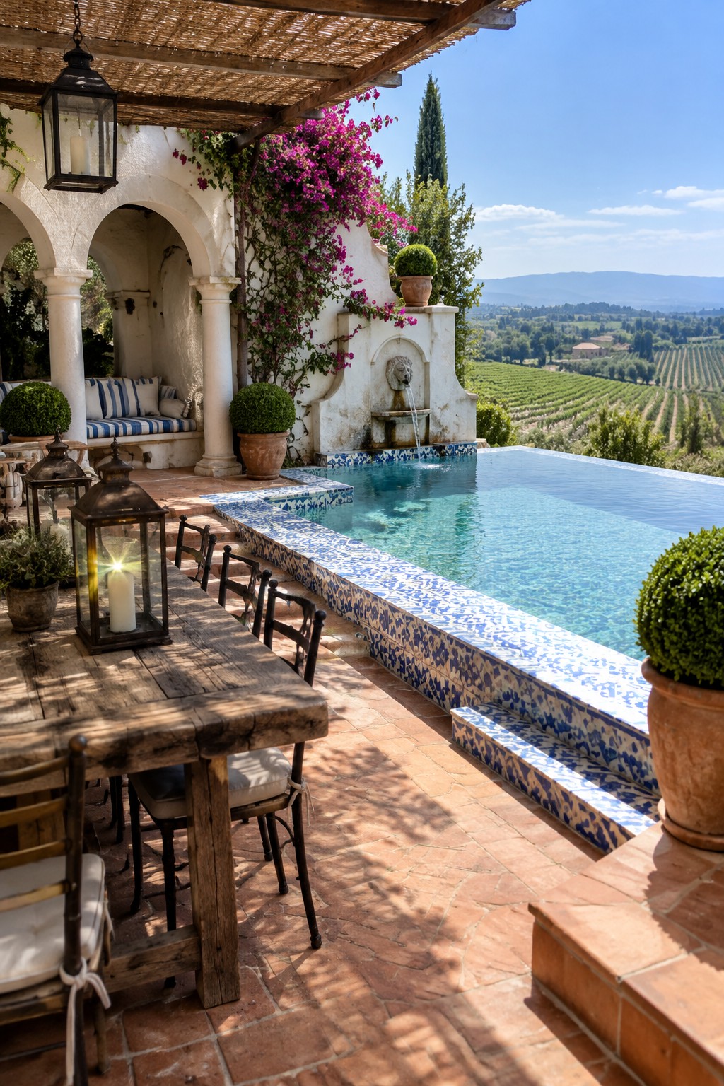12 Luxury Infinity Pool Designs Built Around Resort-Style Outdoor Spaces A wooden dining table with chairs on a terracotta patio beside an infinity pool edged in blue and white tile, with a fountain, potted plants, and a view of vineyards and hills.