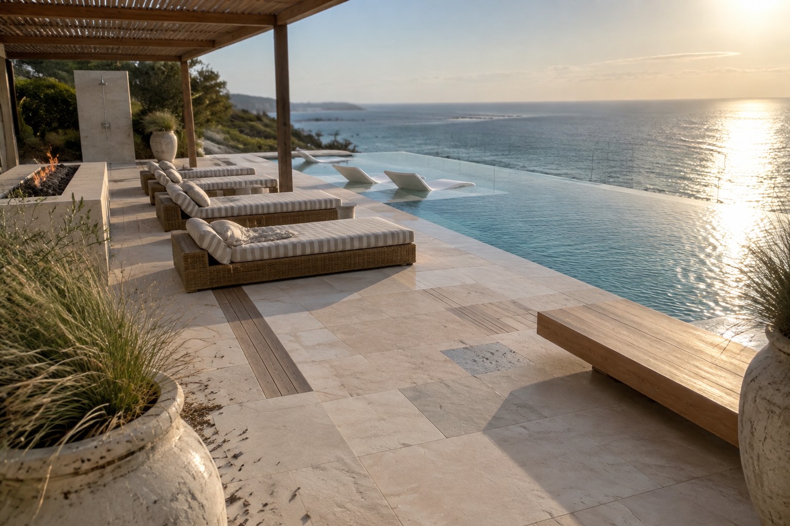 An outdoor patio with striped daybeds under a wooden pergola beside an infinity pool overlooking the ocean, with a linear fire pit at the pool edge.