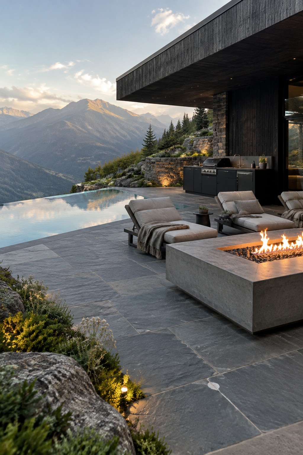 12 Luxury Infinity Pool Designs Built Around Resort-Style Outdoor Spaces A modern dark wood and stone house with an infinity pool on a large slate terrace, beige lounge chairs, a concrete fire pit, and mountain views at dusk.