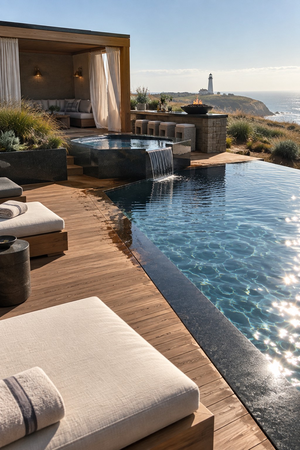 12 Luxury Infinity Pool Designs Built Around Resort-Style Outdoor Spaces A modern outdoor pool area with dark stone coping, a wooden deck holding lounge chairs and a hot tub with a waterfall feature, and a distant lighthouse visible over the ocean.