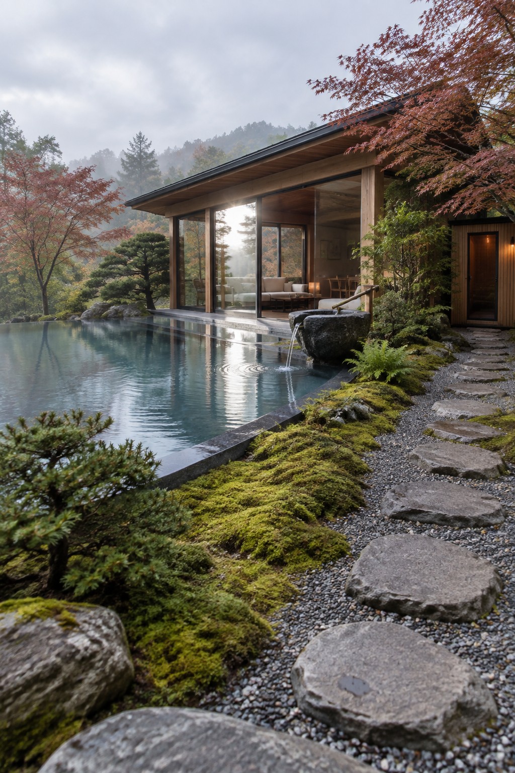 12 Luxury Infinity Pool Designs Built Around Resort-Style Outdoor Spaces Modern wooden villa with infinity pool, stone fountain, moss garden, and red autumn trees