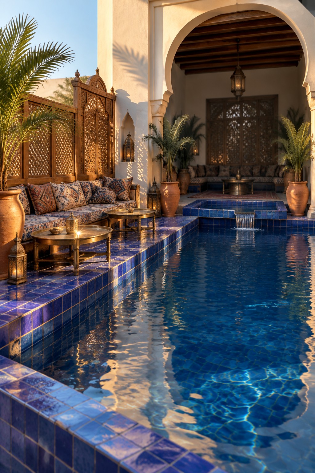 12 Luxury Infinity Pool Designs Built Around Resort-Style Outdoor Spaces A long blue-tiled pool with a small waterfall, bordered by a wide deck holding low cushioned seating, wooden screens, and potted palms.