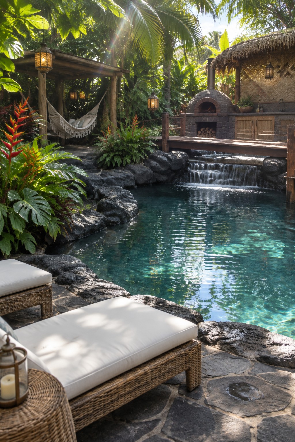 12 Luxury Infinity Pool Designs Built Around Resort-Style Outdoor Spaces A tropical pool with a small waterfall over dark rocks, surrounded by a stone patio with white cushioned lounge chairs in the foreground and an outdoor kitchen in the background.