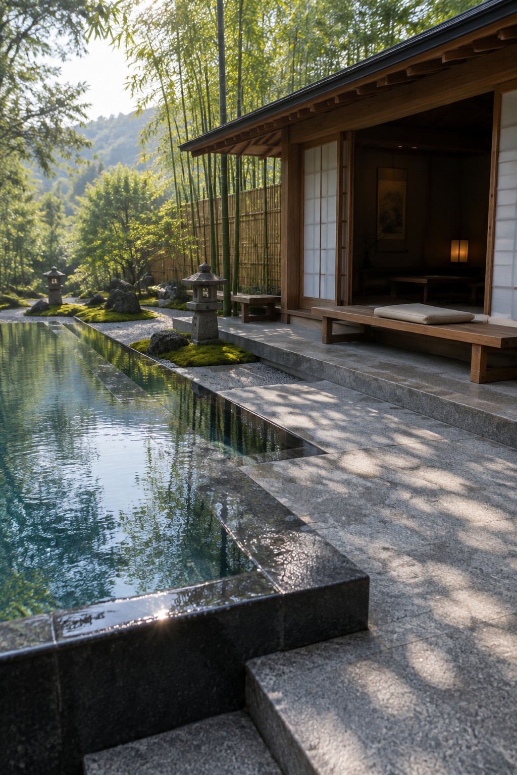 12 Luxury Infinity Pool Designs Built Around Resort-Style Outdoor Spaces A rectangular infinity pool with dark stone coping and steps sits beside a wooden Japanese-style house, with stone lanterns, moss, and bamboo visible in the garden.