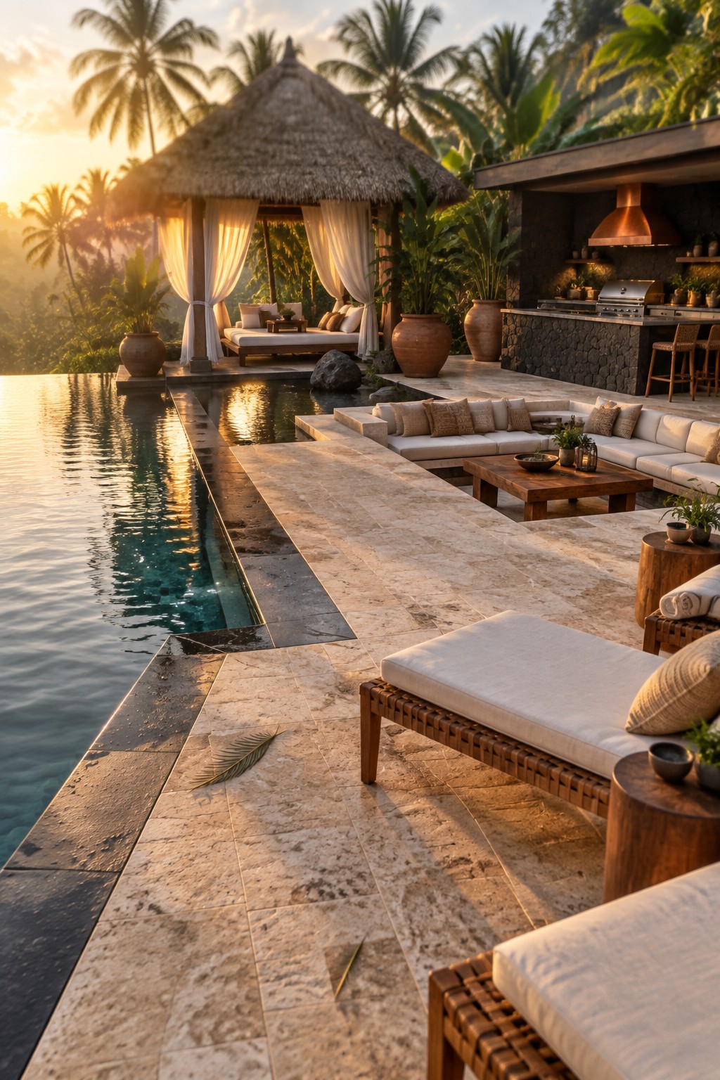 12 Luxury Infinity Pool Designs Built Around Resort-Style Outdoor Spaces Luxurious tropical infinity pool with thatched gazebo, lounge seating, and sunset palms