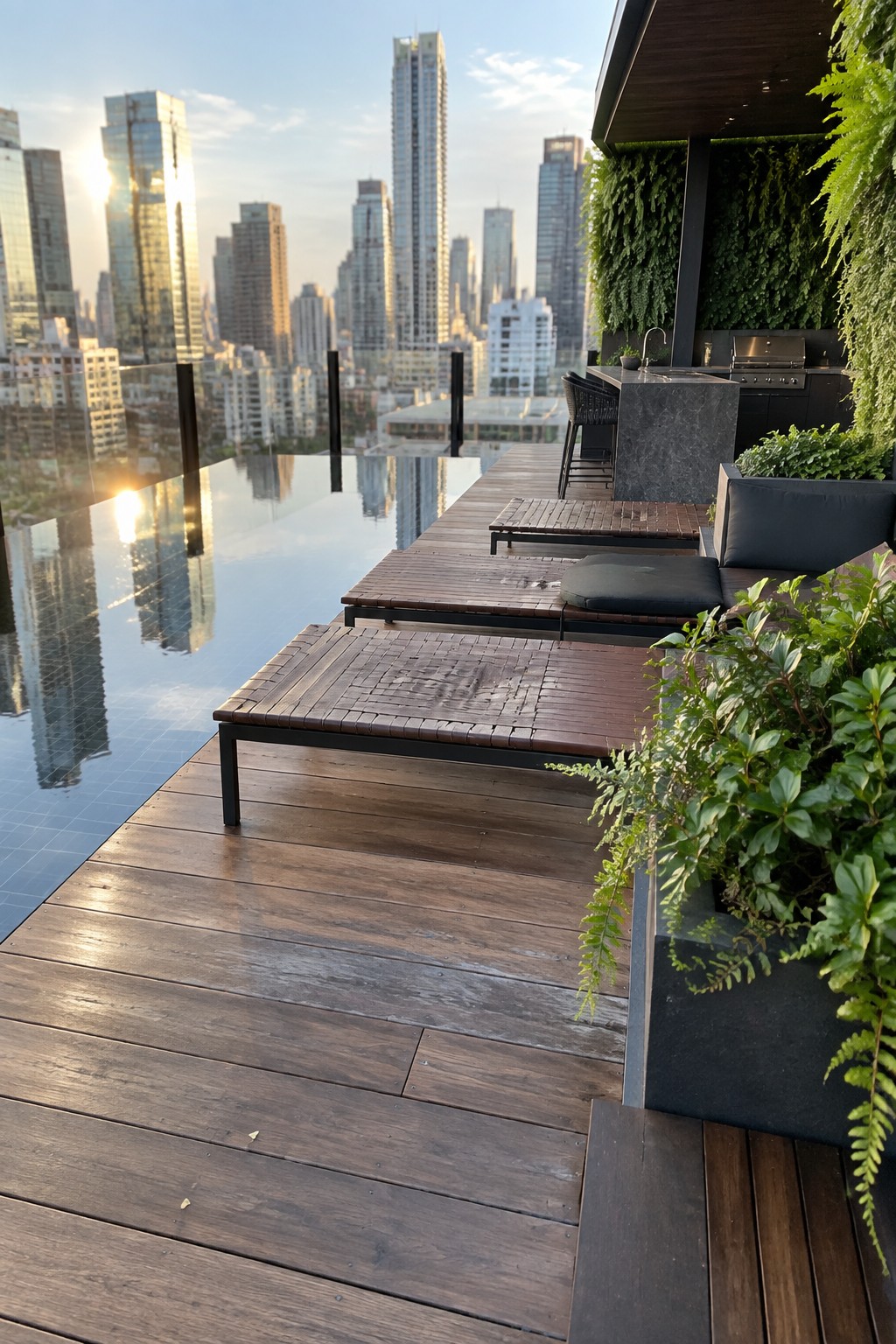12 Luxury Infinity Pool Designs Built Around Resort-Style Outdoor Spaces Rooftop infinity pool with wooden lounge chairs overlooking city skyline at sunset