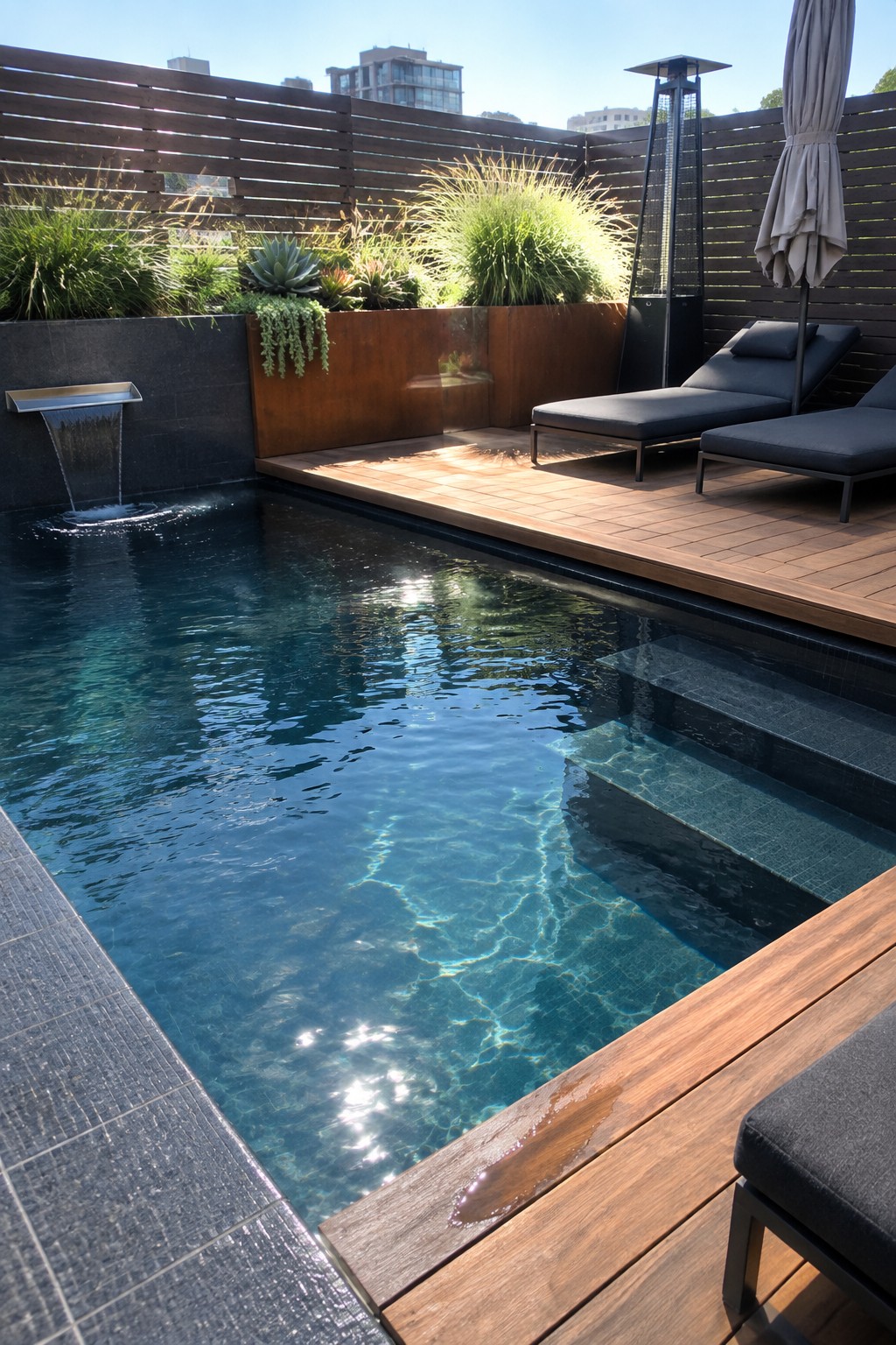 16 Natural Plunge Pool Ideas With Organic Landscaping Modern pool with blue water, waterfall, wooden deck, lounge chairs and city view