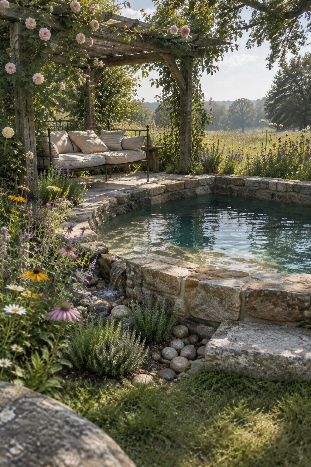 16 Natural Plunge Pool Ideas With Organic Landscaping Stone pool with waterfall beside rose-covered pergola and cushioned bench in wildflower garden