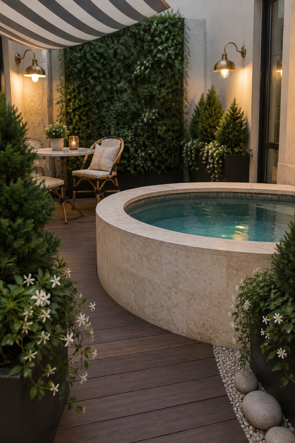 16 Natural Plunge Pool Ideas With Organic Landscaping A round plunge pool with light stone coping sits on a dark wood deck, surrounded by black planters filled with white flowers and small trees.