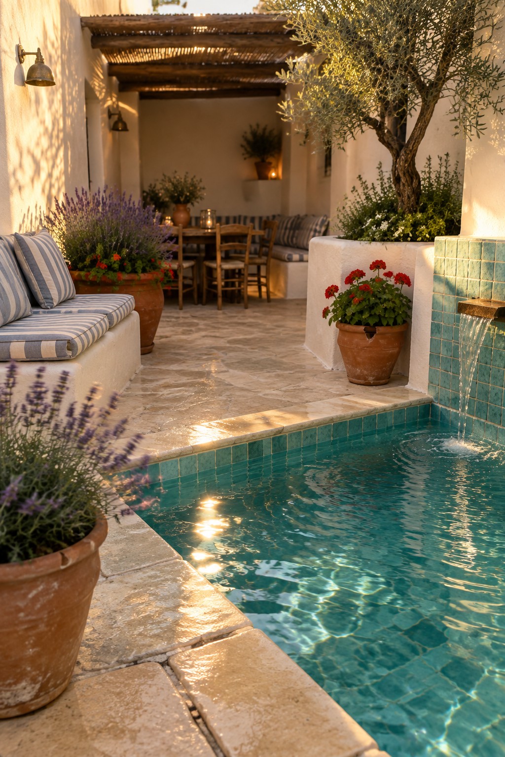 16 Natural Plunge Pool Ideas With Organic Landscaping Sunlit turquoise pool with fountain, terracotta pots of lavender, red flowers, and olive tree.