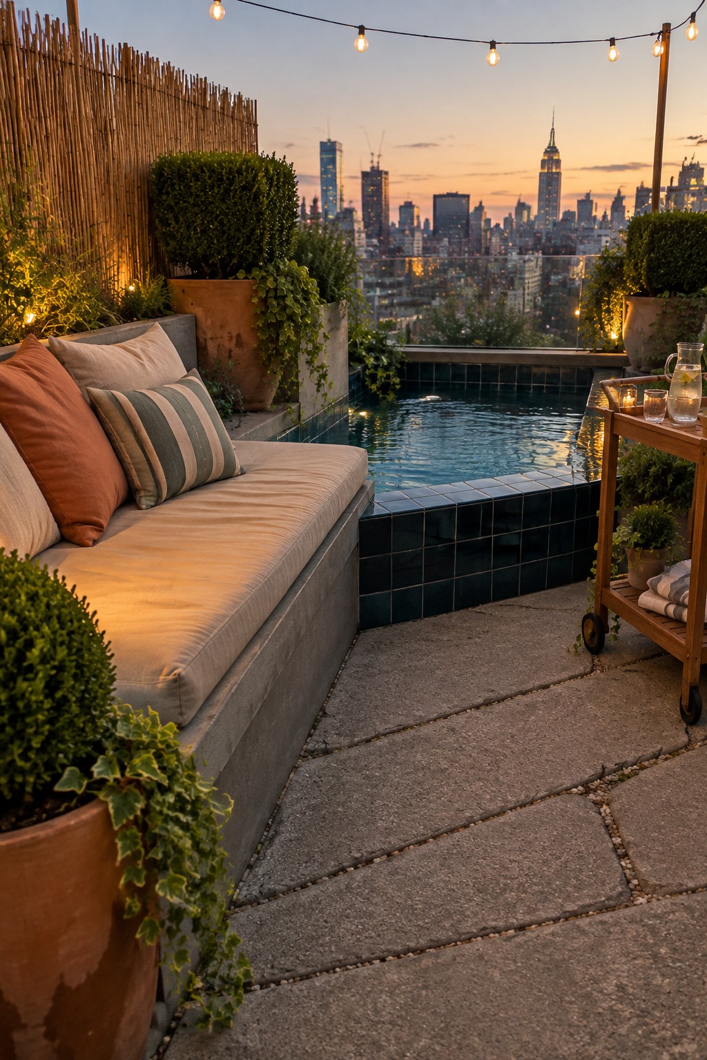 16 Natural Plunge Pool Ideas With Organic Landscaping Rooftop terrace with plunge pool, cushioned bench, string lights, and city skyline at dusk