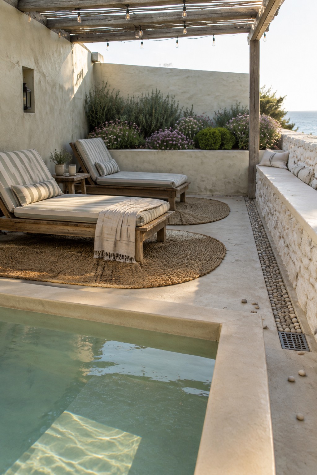 16 Natural Plunge Pool Ideas With Organic Landscaping Sunlit Mediterranean patio with pool, striped lounge chairs, wooden pergola, and sea view