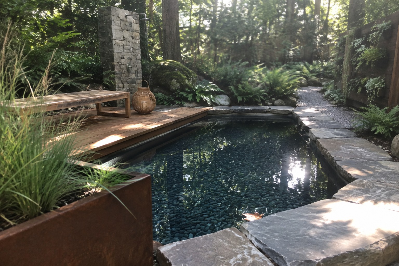 16 Natural Plunge Pool Ideas With Organic Landscaping A natural plunge pool with dark water and pebble bottom is edged with irregular gray stone slabs, next to a wooden deck with bench and a stone outdoor shower in a wooded garden.