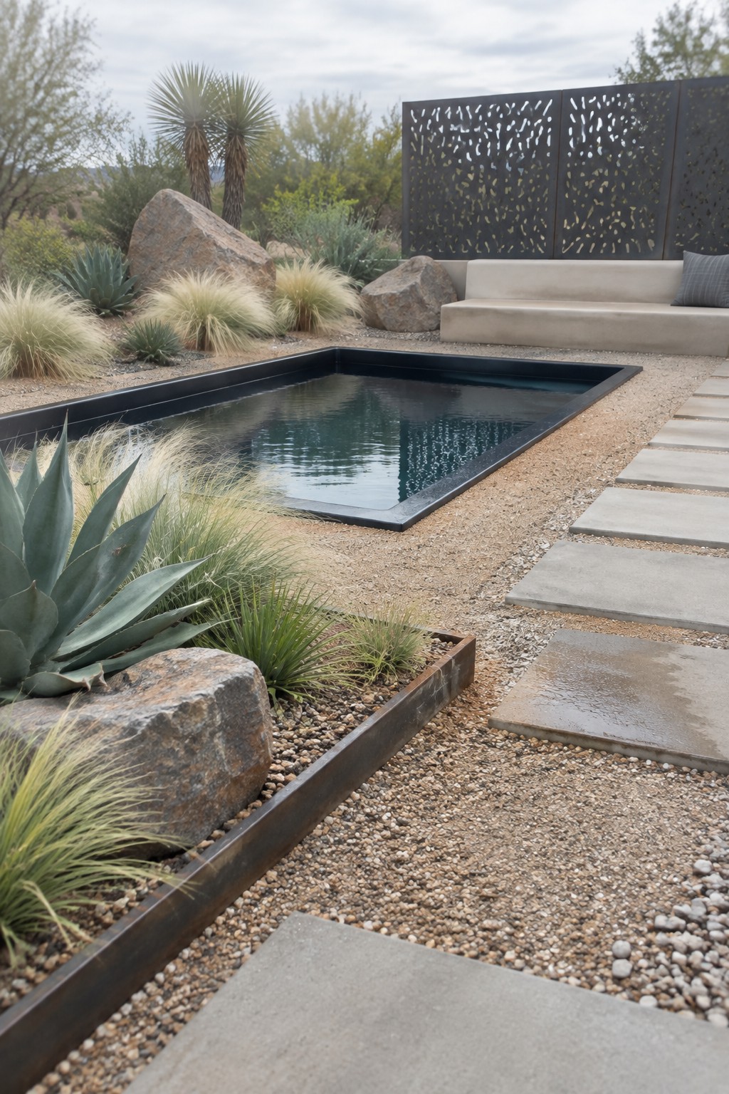 16 Natural Plunge Pool Ideas With Organic Landscaping A rectangular black plunge pool set into gravel with large rocks, agave, and grasses along the edges, plus concrete stepping stones and a metal privacy screen nearby.