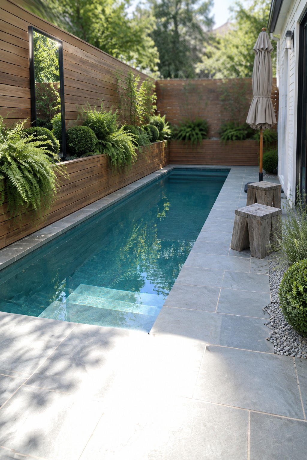 16 Natural Plunge Pool Ideas With Organic Landscaping A narrow rectangular plunge pool with stone coping runs beside a tall wooden wall fitted with built-in planters full of ferns and shrubs, next to a gray stone patio holding two wooden stools and a closed umbrella.