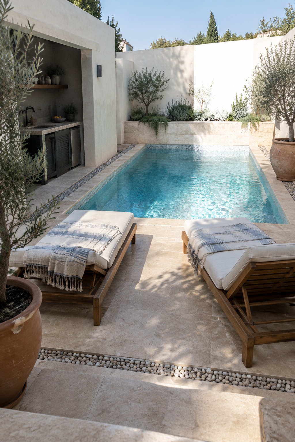 16 Natural Plunge Pool Ideas With Organic Landscaping A rectangular plunge pool with light stone decking, two wooden lounge chairs with throws, potted olive trees, raised planters, and an outdoor kitchen visible to the left.