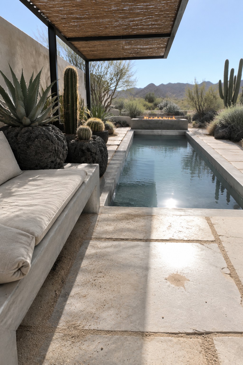 16 Natural Plunge Pool Ideas With Organic Landscaping Sunlit desert courtyard with rectangular pool, concrete lounge, cacti, and fire pit.