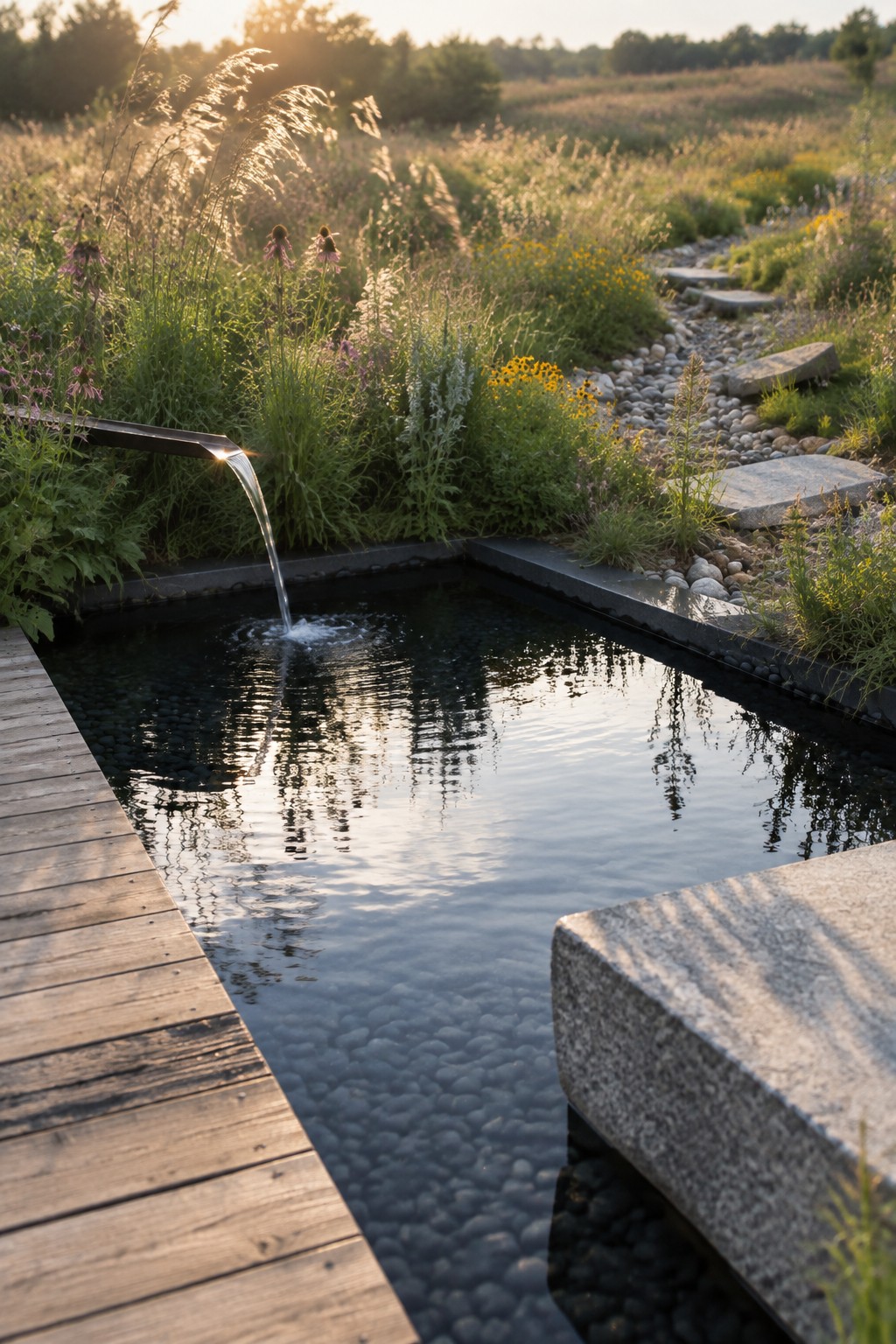 16 Natural Plunge Pool Ideas With Organic Landscaping A rectangular dark plunge pool with a metal water spout on the left, bordered by a wooden deck and dense grasses and wildflowers, with a stone path visible on the right.