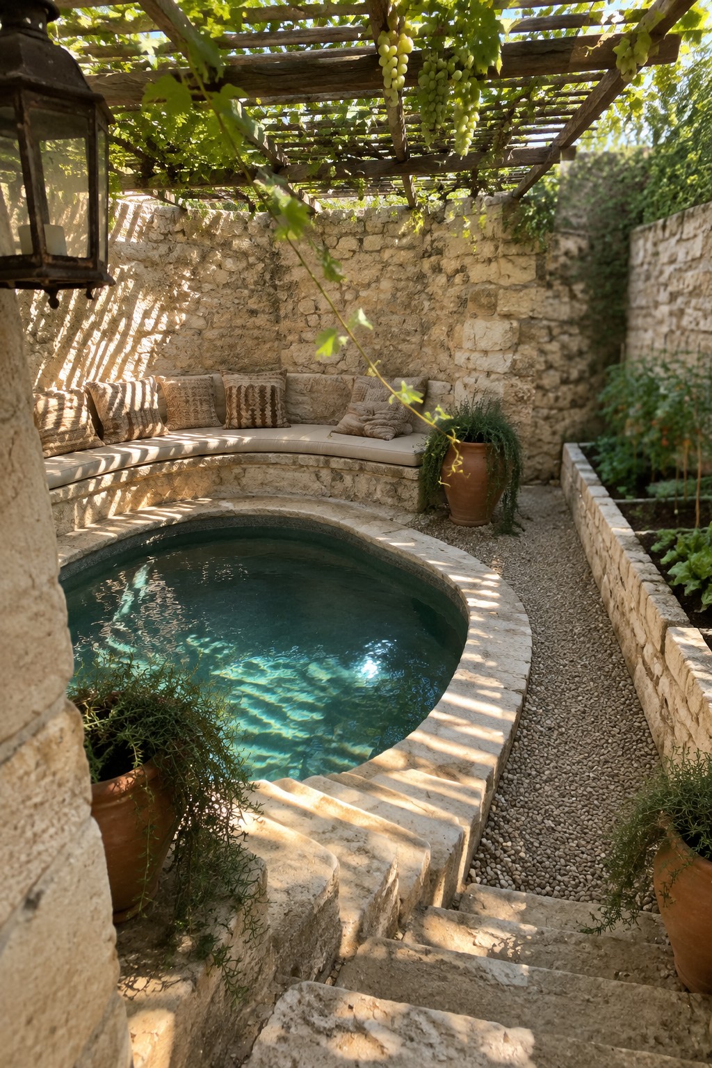 16 Natural Plunge Pool Ideas With Organic Landscaping A small circular plunge pool with teal water built against a curved stone wall, with built-in seating above it, a grapevine pergola overhead, and stone steps leading down to a gravel path.