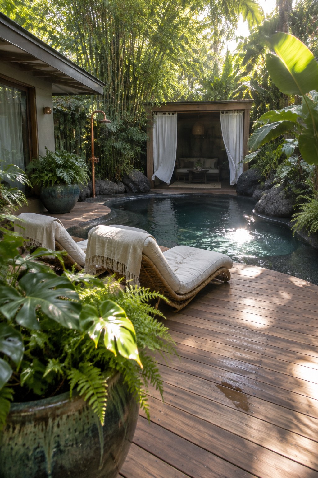 16 Natural Plunge Pool Ideas With Organic Landscaping A curved plunge pool edged by a wooden deck with two lounge chairs, large potted ferns, and dense tropical planting and rocks in the background.