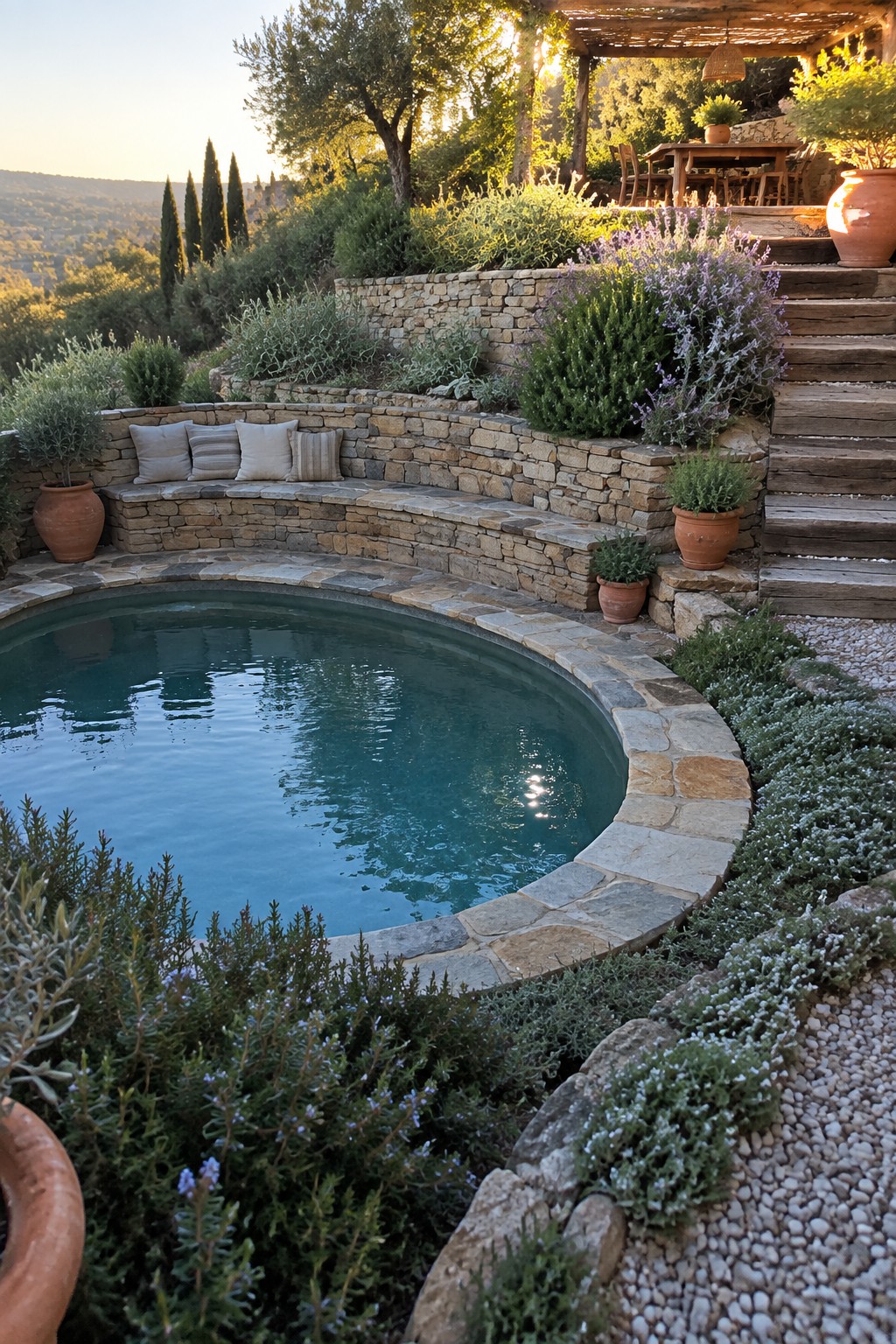 16 Natural Plunge Pool Ideas With Organic Landscaping Circular stone pool with terracotta pots, cushions, and flowering plants overlooking hills at sunset