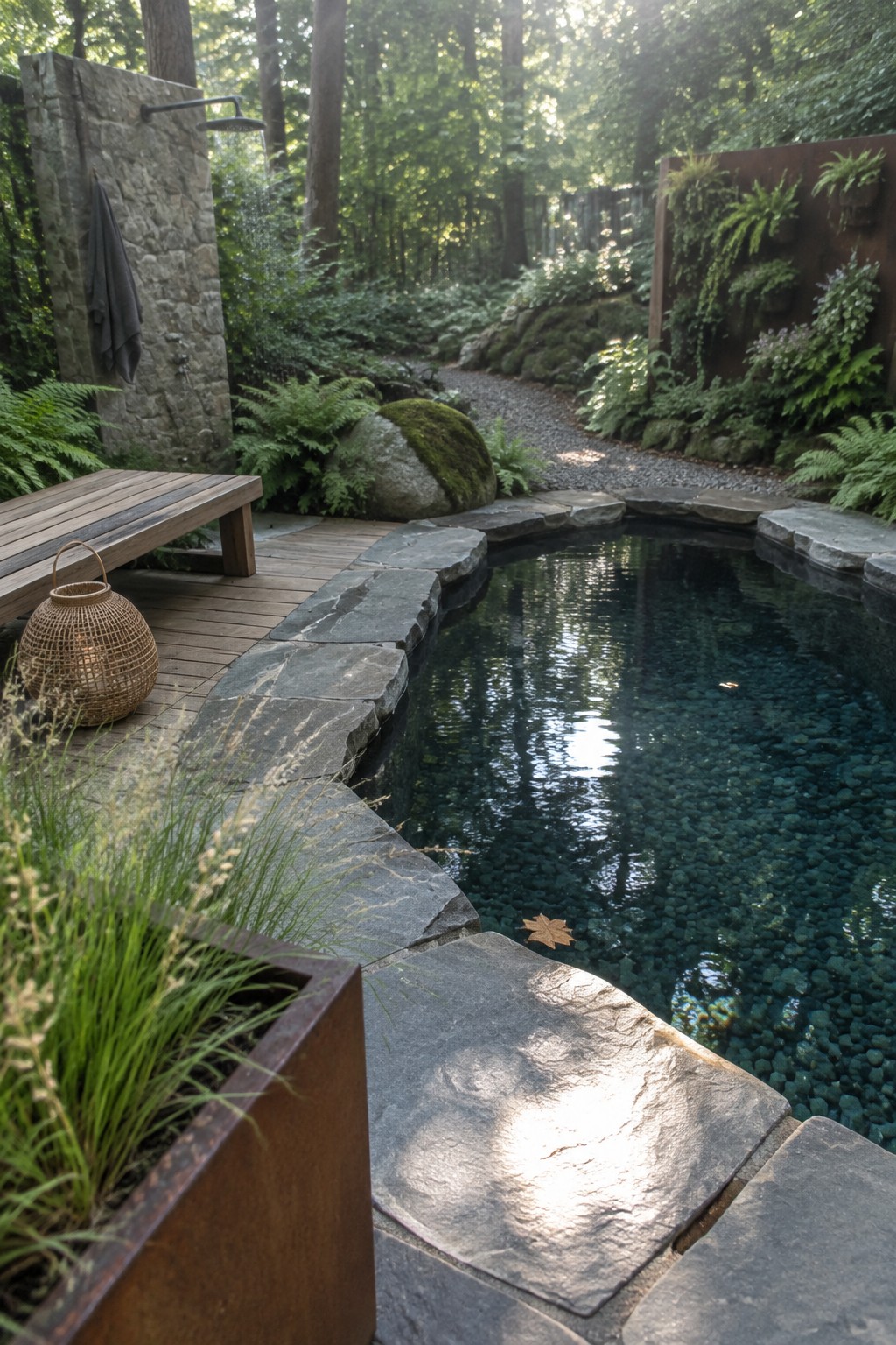 16 Natural Plunge Pool Ideas With Organic Landscaping A natural plunge pool with dark water and pebble bottom is edged with irregular gray stone slabs, next to a wooden deck with bench and a stone outdoor shower in a wooded garden.
