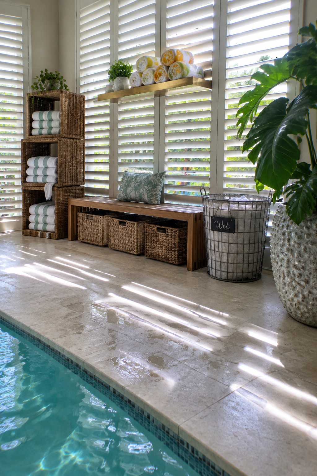 16 Practical Indoor Pool Towel Storage Ideas for Organized Pool Rooms Wet pool deck with wooden bench, rolled towels, baskets, and sunlit shutters