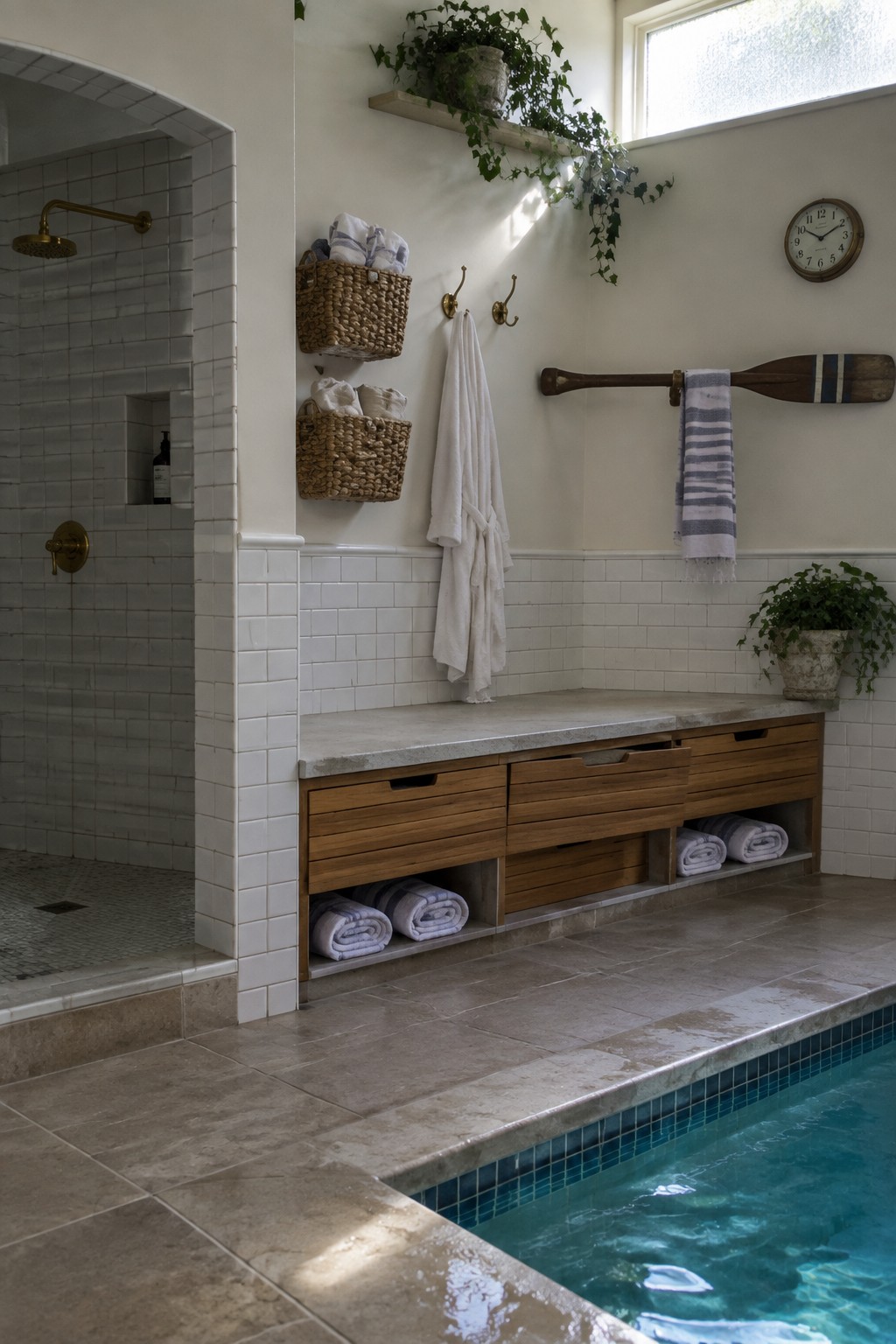 16 Practical Indoor Pool Towel Storage Ideas for Organized Pool Rooms An indoor pool room with a built-in wooden bench featuring drawers and open shelves storing rolled towels, next to a tiled shower area.