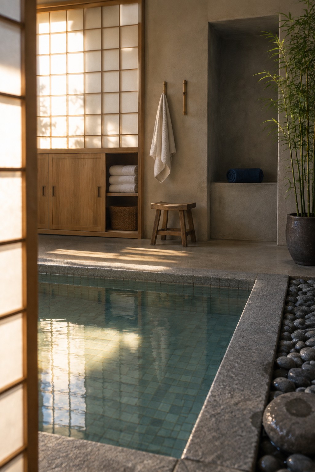 16 Practical Indoor Pool Towel Storage Ideas for Organized Pool Rooms An indoor pool with a wooden built-in cabinet storing white towels on open shelves and a white towel hanging from wall hooks beside the water.