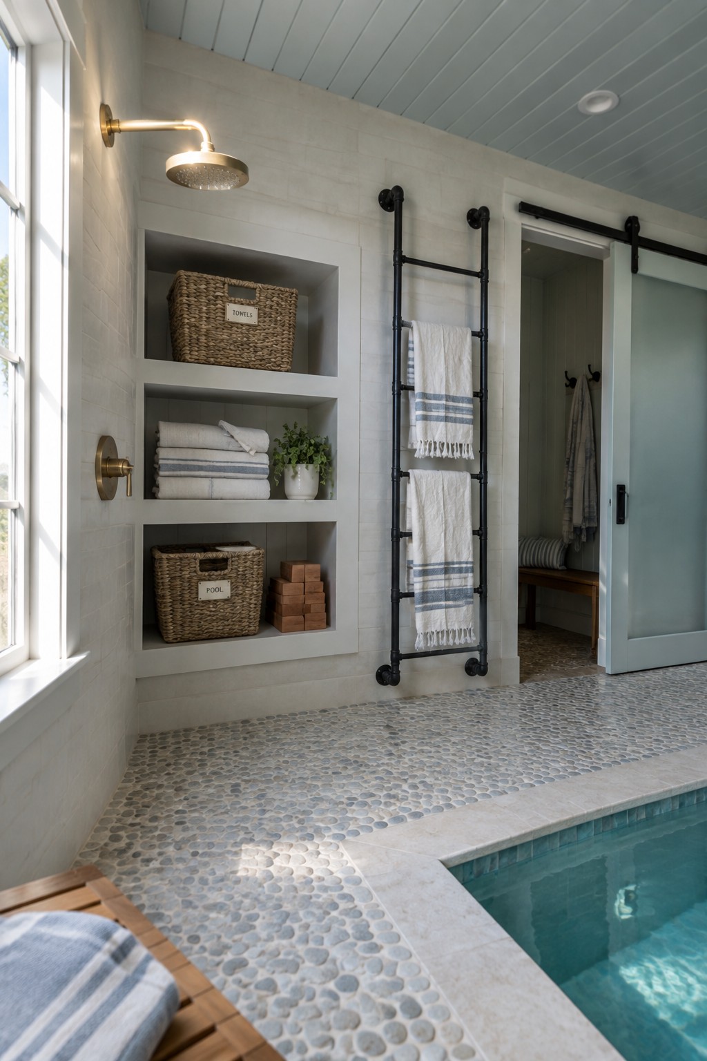 16 Practical Indoor Pool Towel Storage Ideas for Organized Pool Rooms An indoor pool area with white tiled walls featuring recessed shelves holding woven baskets and striped towels, a black metal ladder with hanging towels, and a pool visible in the foreground.