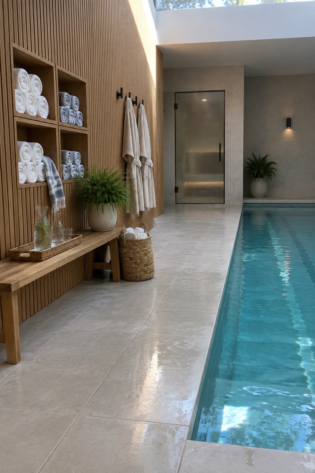 16 Practical Indoor Pool Towel Storage Ideas for Organized Pool Rooms An indoor pool area with built-in wooden shelving holding stacks of rolled white towels, black wall hooks with hanging towels, a wooden bench, and a long lap pool with light blue water.