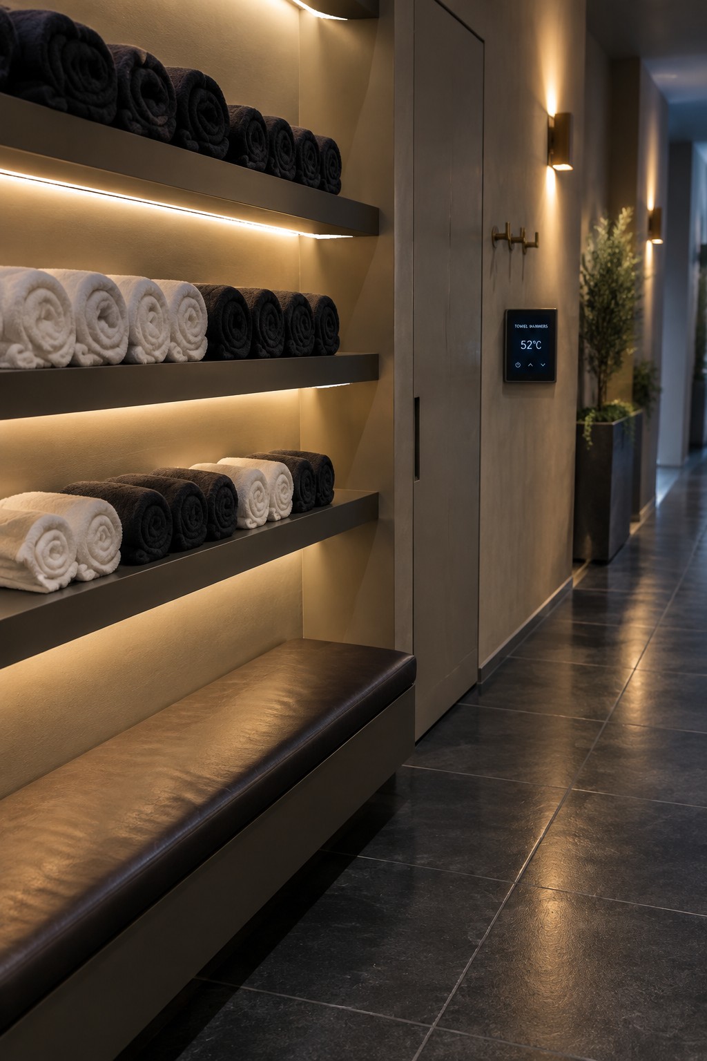 16 Practical Indoor Pool Towel Storage Ideas for Organized Pool Rooms An indoor pool room with three dark built-in shelves holding rolled white and dark towels, under-shelf lighting, a digital towel warmer control panel on the wall, and a dark bench below.