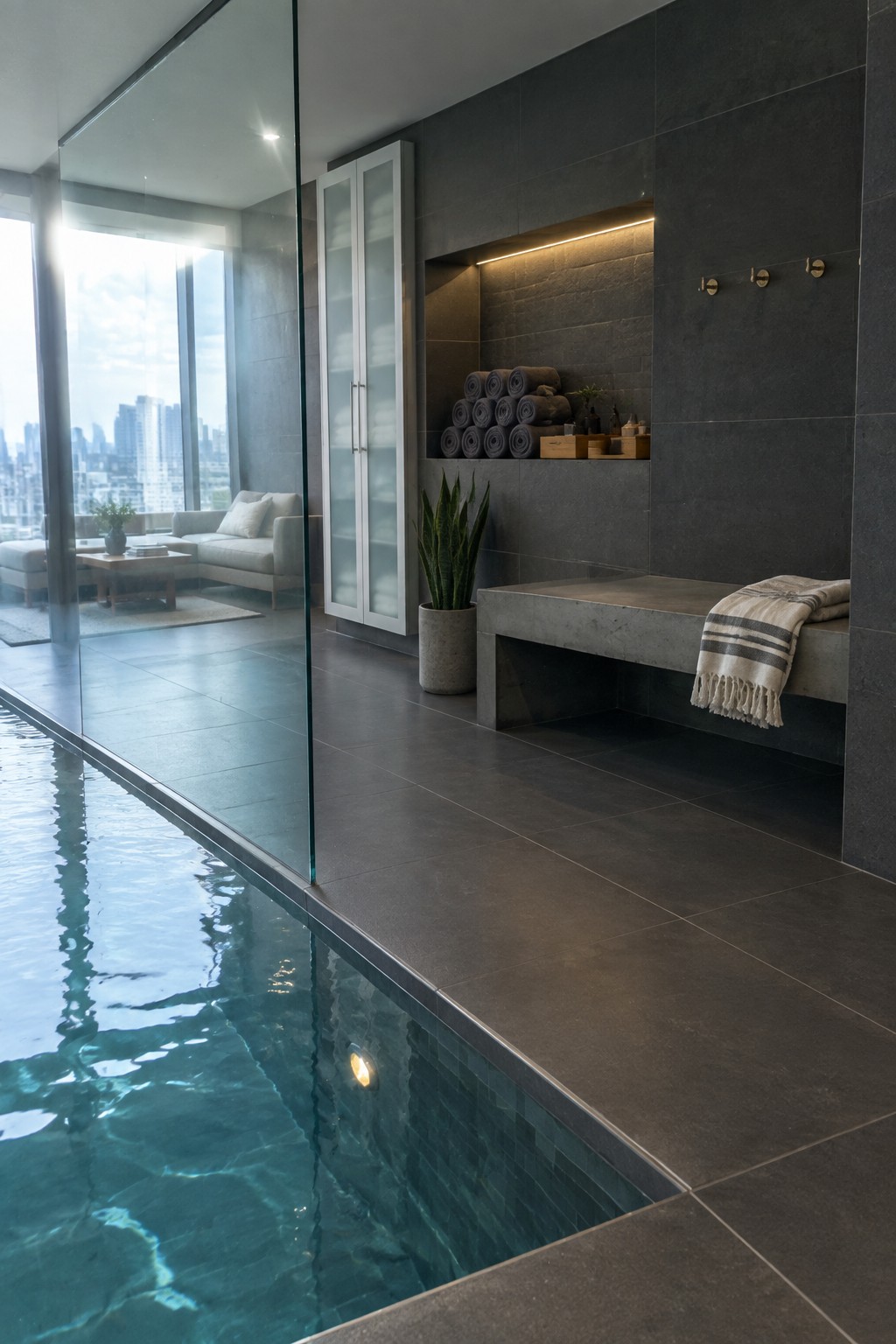 16 Practical Indoor Pool Towel Storage Ideas for Organized Pool Rooms Indoor pool room with dark tile walls showing a recessed niche holding rolled towels above a concrete bench.