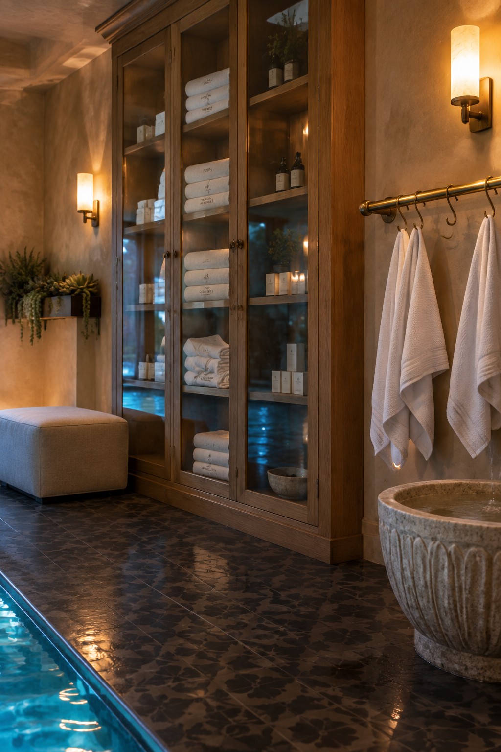 16 Practical Indoor Pool Towel Storage Ideas for Organized Pool Rooms A wooden glass-front cabinet filled with stacked white towels stands beside an indoor pool next to a stone basin and hanging towels.