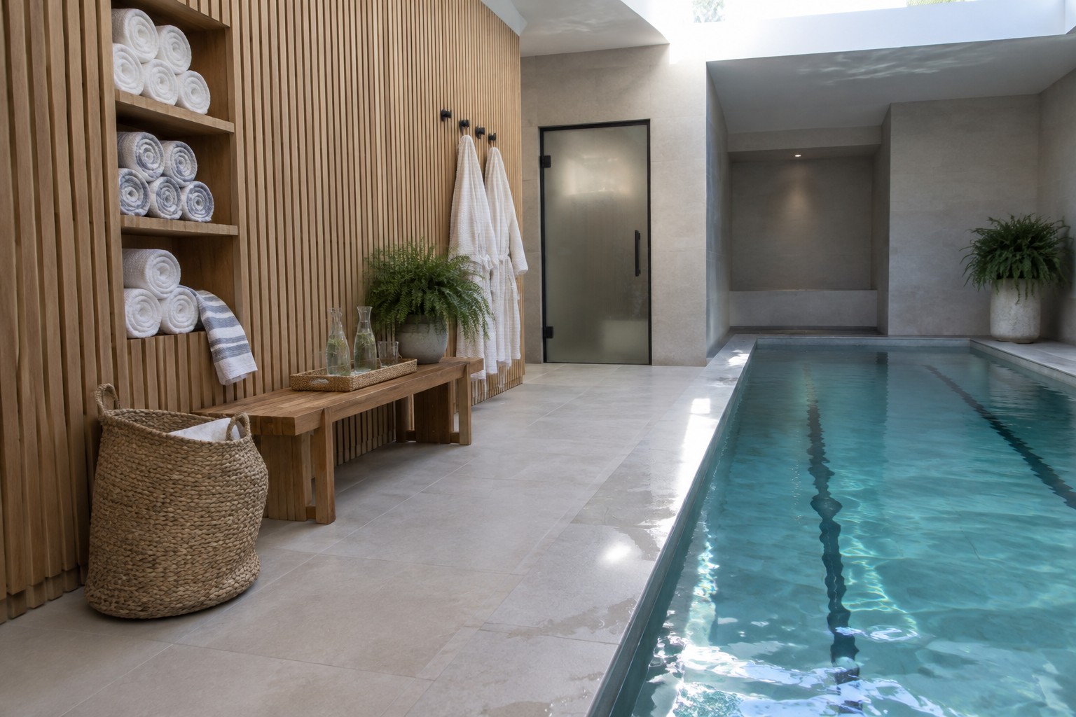 An indoor pool area with built-in wooden shelving holding stacks of rolled white towels, black wall hooks with hanging towels, a wooden bench, and a long lap pool with light blue water.