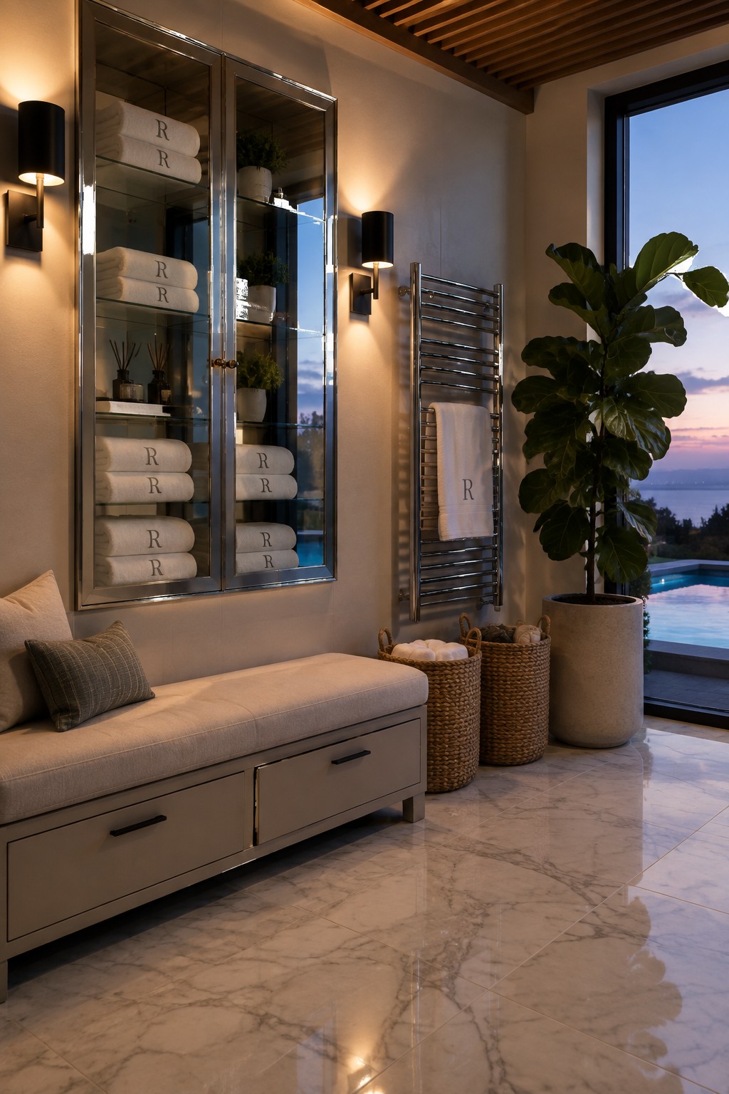 16 Practical Indoor Pool Towel Storage Ideas for Organized Pool Rooms Luxurious bathroom with mirrored towel cabinets, chrome warmer, bench, plant, and pool view