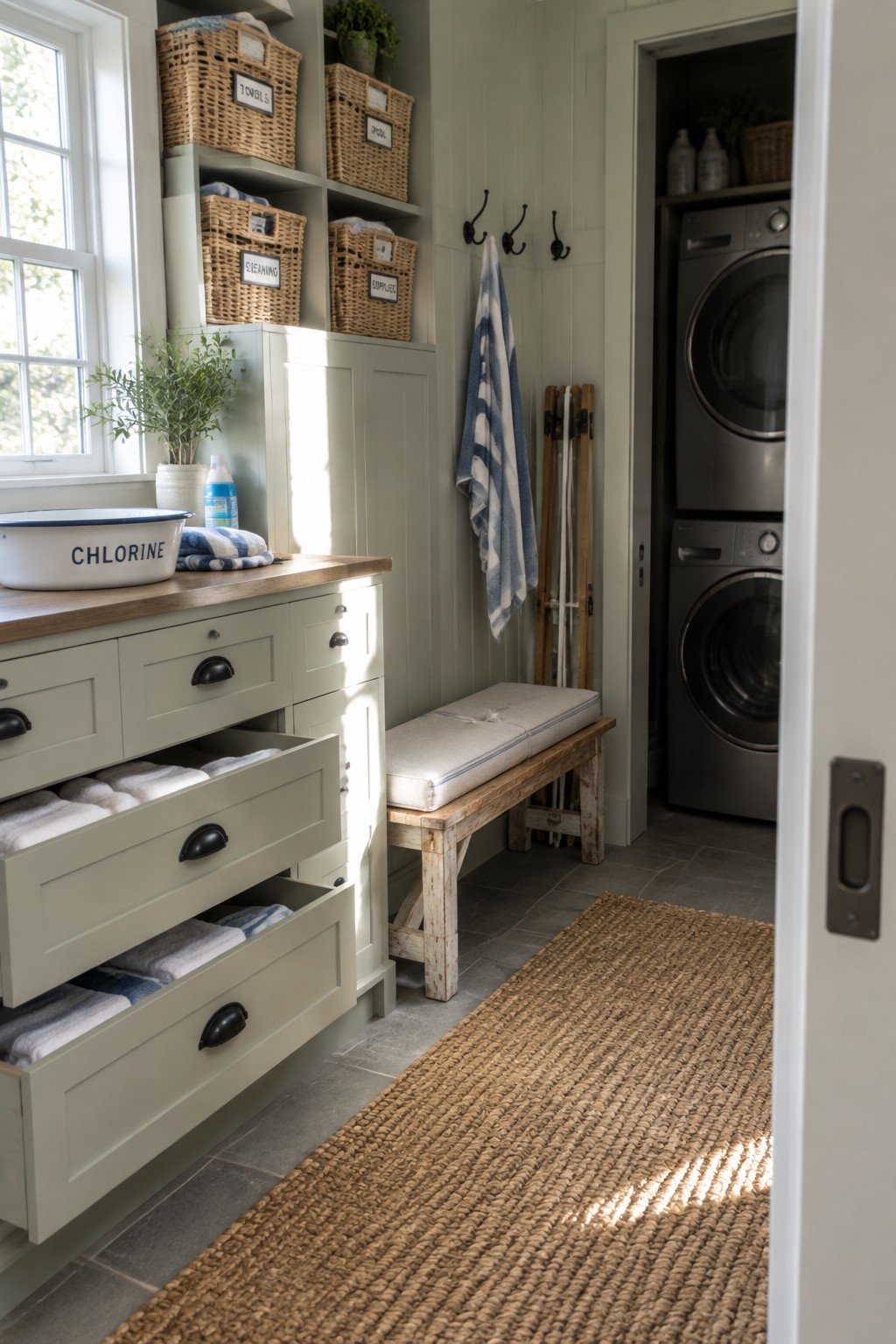 16 Practical Indoor Pool Towel Storage Ideas for Organized Pool Rooms A laundry room interior with sage green cabinetry, open shelves holding labeled wicker baskets, a cushioned wooden bench, and a stacked washer and dryer unit visible in an adjacent alcove.