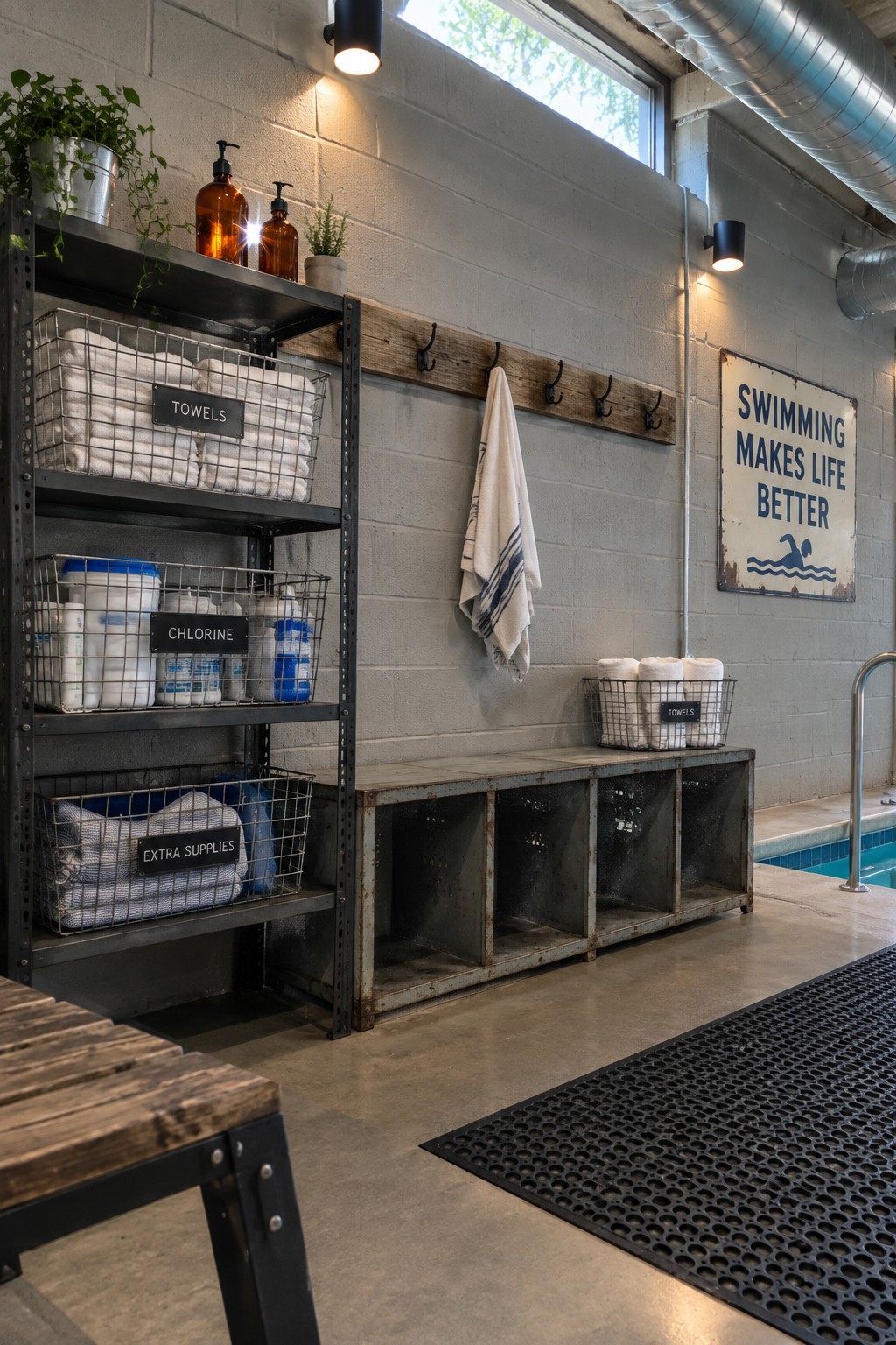 16 Practical Indoor Pool Towel Storage Ideas for Organized Pool Rooms Industrial pool area with wire basket shelves of towels, chlorine, supplies and wall sign