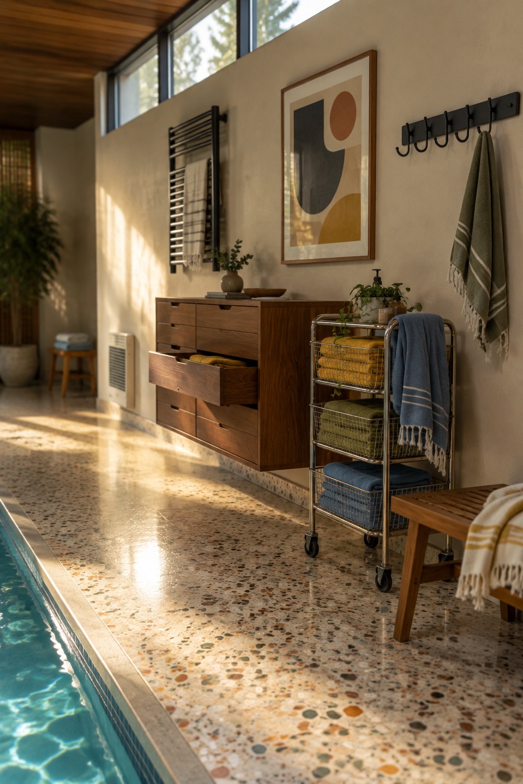16 Practical Indoor Pool Towel Storage Ideas for Organized Pool Rooms An indoor pool room featuring a stainless steel rolling cart with wire baskets of folded towels, a wooden wall cabinet with open drawers, and a wooden bench.