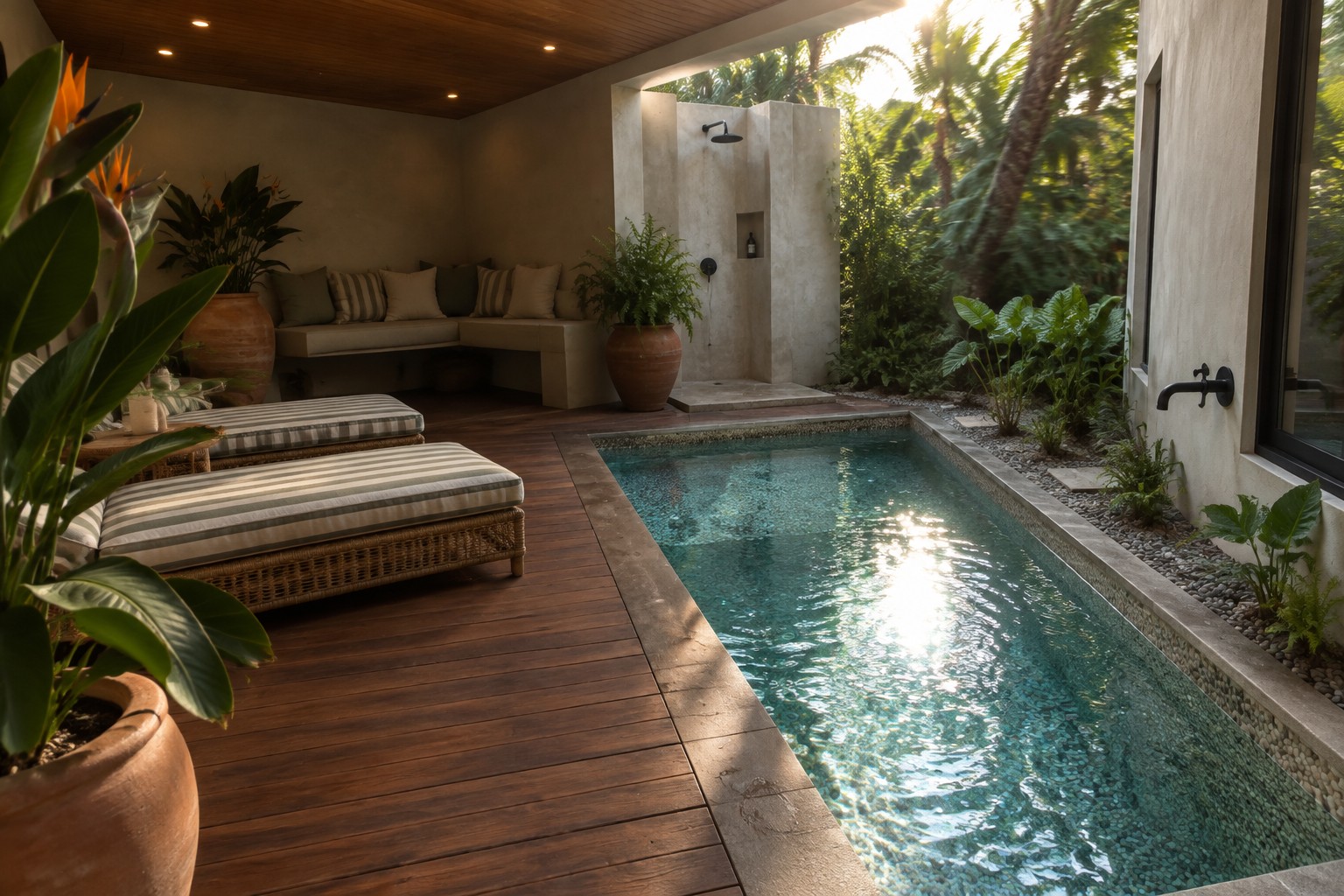 A long narrow plunge pool with pebble bottom sits beside a wooden deck with two striped lounge chairs, a built-in bench, potted plants, and an outdoor shower under a covered lanai.
