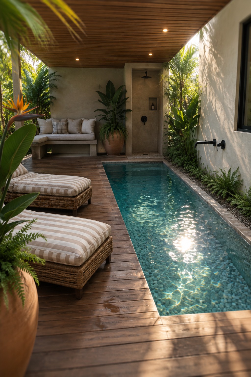 A long narrow plunge pool with pebble bottom sits beside a wooden deck with two striped lounge chairs, a built-in bench, potted plants, and an outdoor shower under a covered lanai.