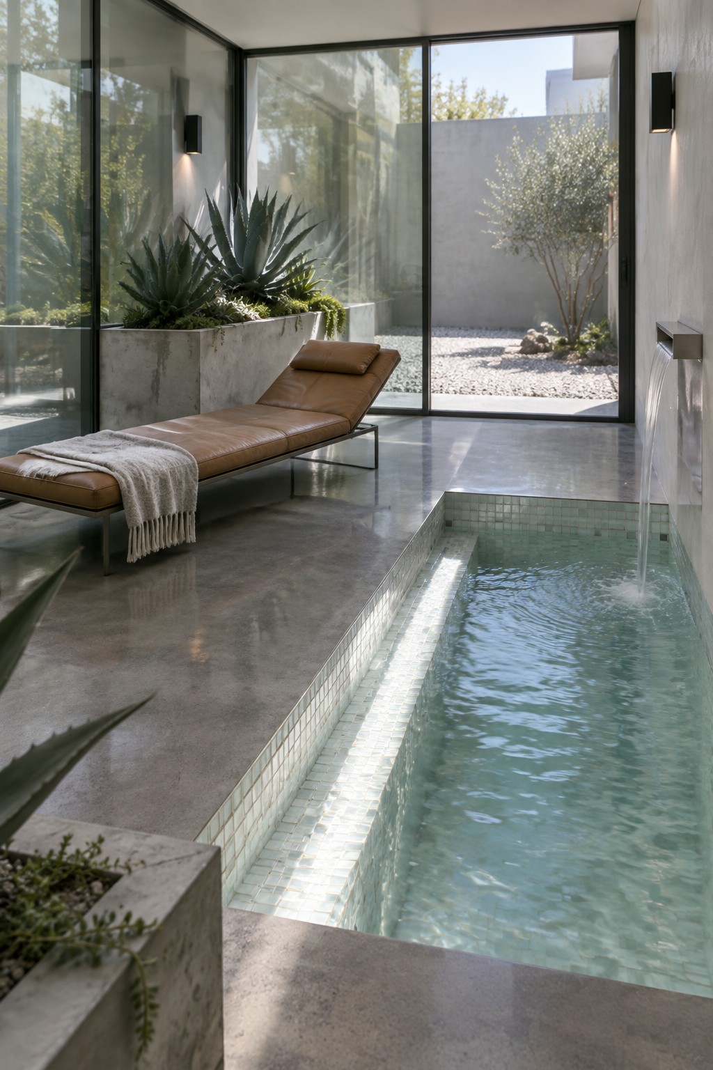 Modern minimalist room with indoor plunge pool, leather chaise lounge, and concrete planters.