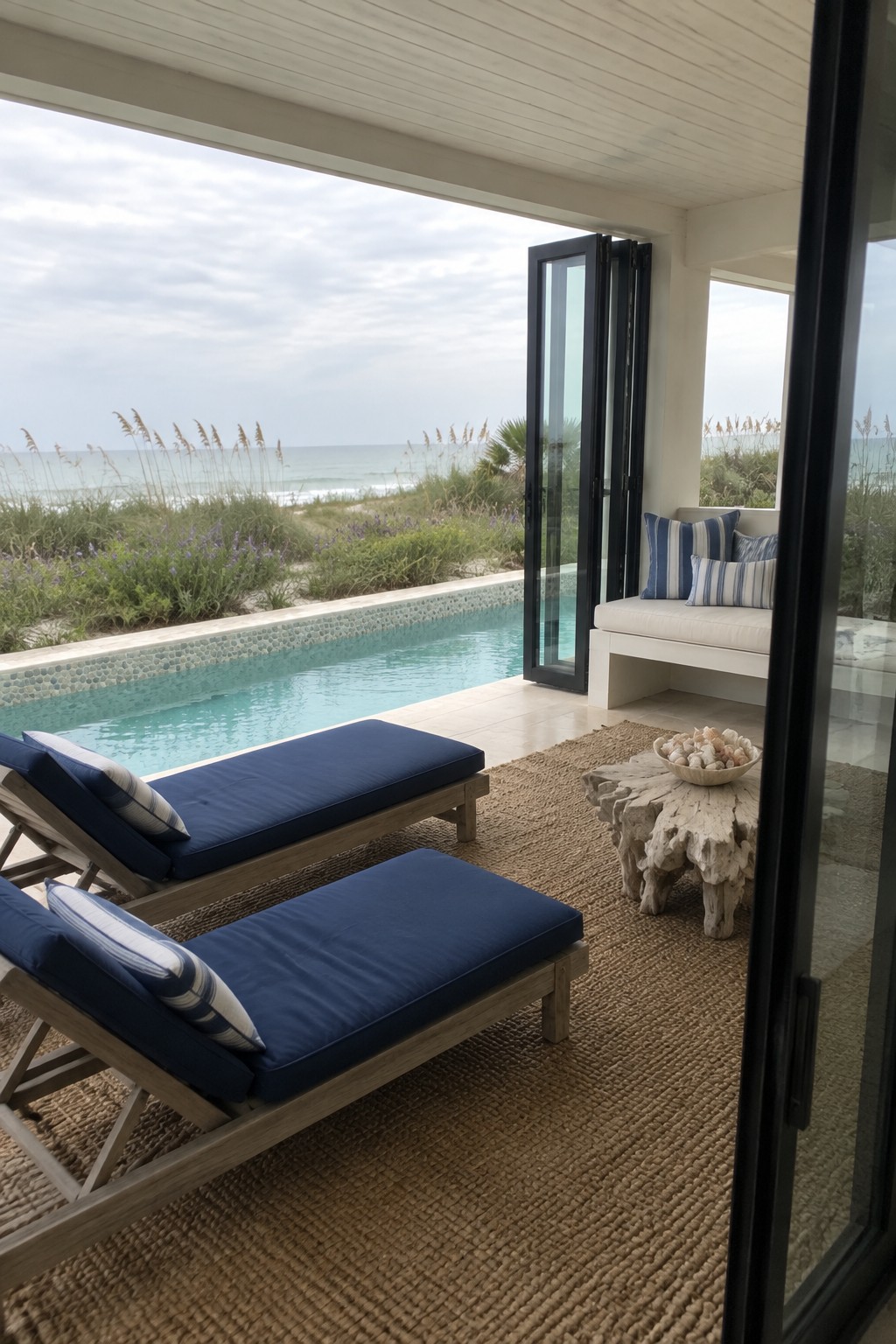 Two blue lounge chairs on rug beside oceanfront infinity pool with open doors