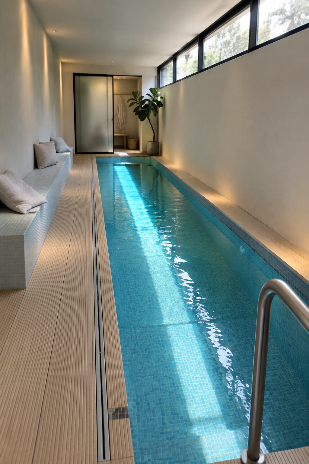 A long narrow indoor lap pool with a built-in bench on the left wall and windows along the right wall.