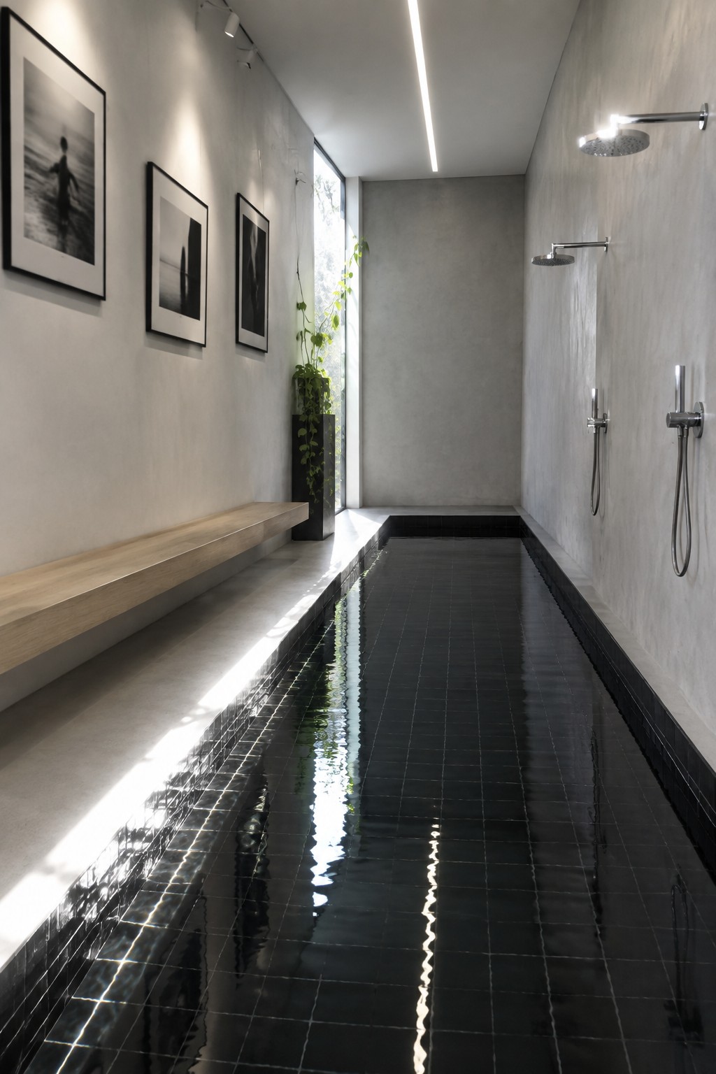 Narrow black-tiled indoor pool in minimalist concrete room with wooden bench and showers