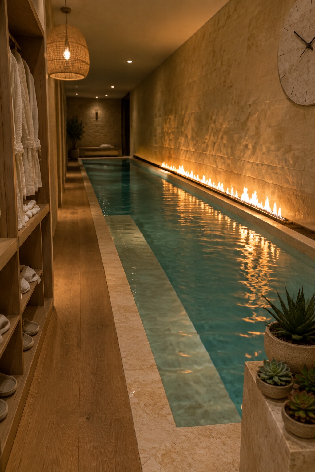A long indoor lap pool runs the length of a narrow room, with a line of flames along the right stone wall and wooden built-in shelves holding white robes on the left.